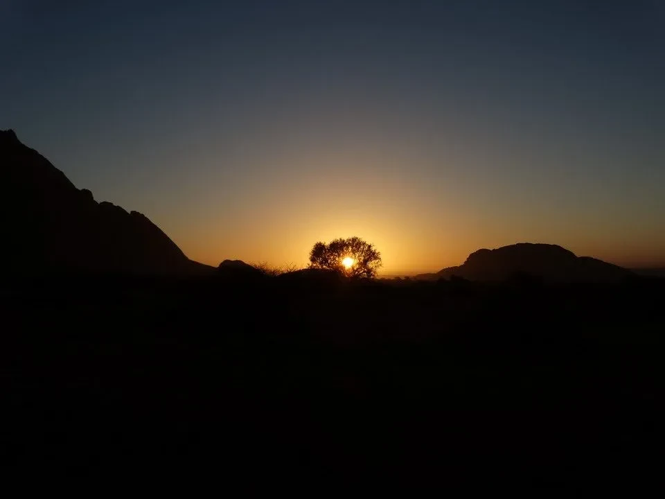 Paesaggio africano al tramonto con silhouette di colline e un albero.