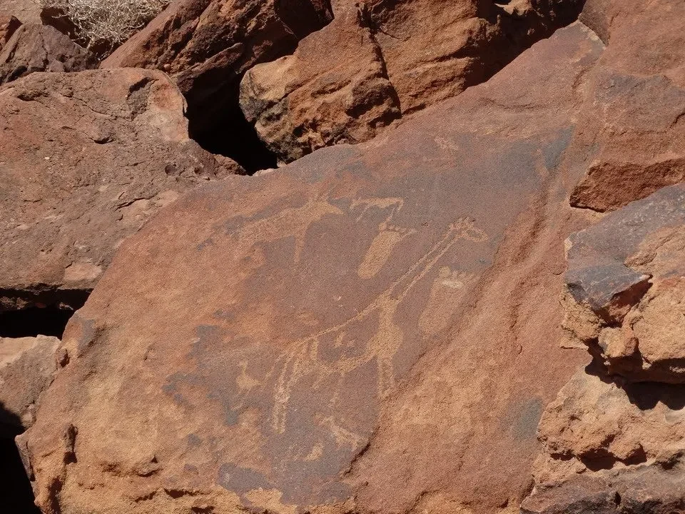 Disegno rupestre di un animale inciso su una roccia nel deserto.