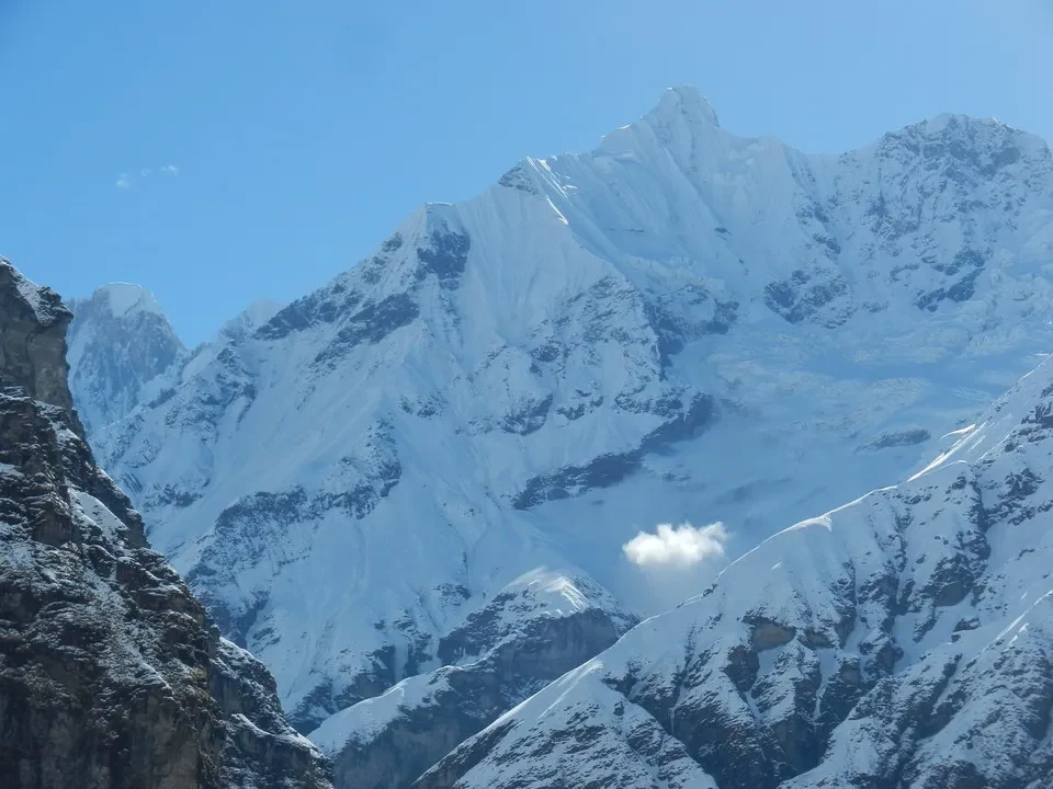 Alpi innevate del Nepal e del Tibet con imponenti montagne innevate.