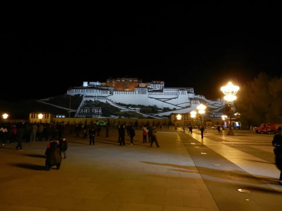 Il Palazzo del Potala di Lhasa è visibile di notte con un paesaggio innevato.