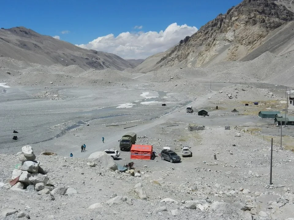 Vista panoramica del campo base dell'Everest in Nepal e Tibet con montagne innevate.