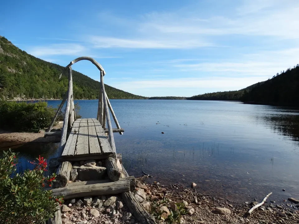 Una passerella di legno si estende sull'acqua di un lago circondato da foreste.