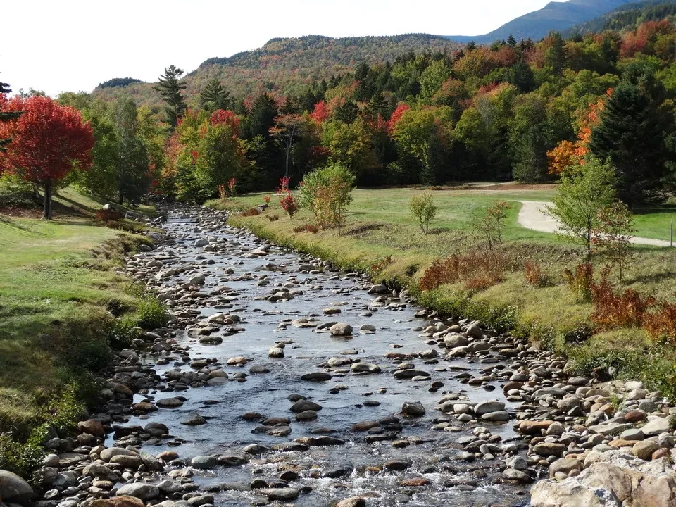 Un fiume scorre attraverso una valle boscosa in autunno.