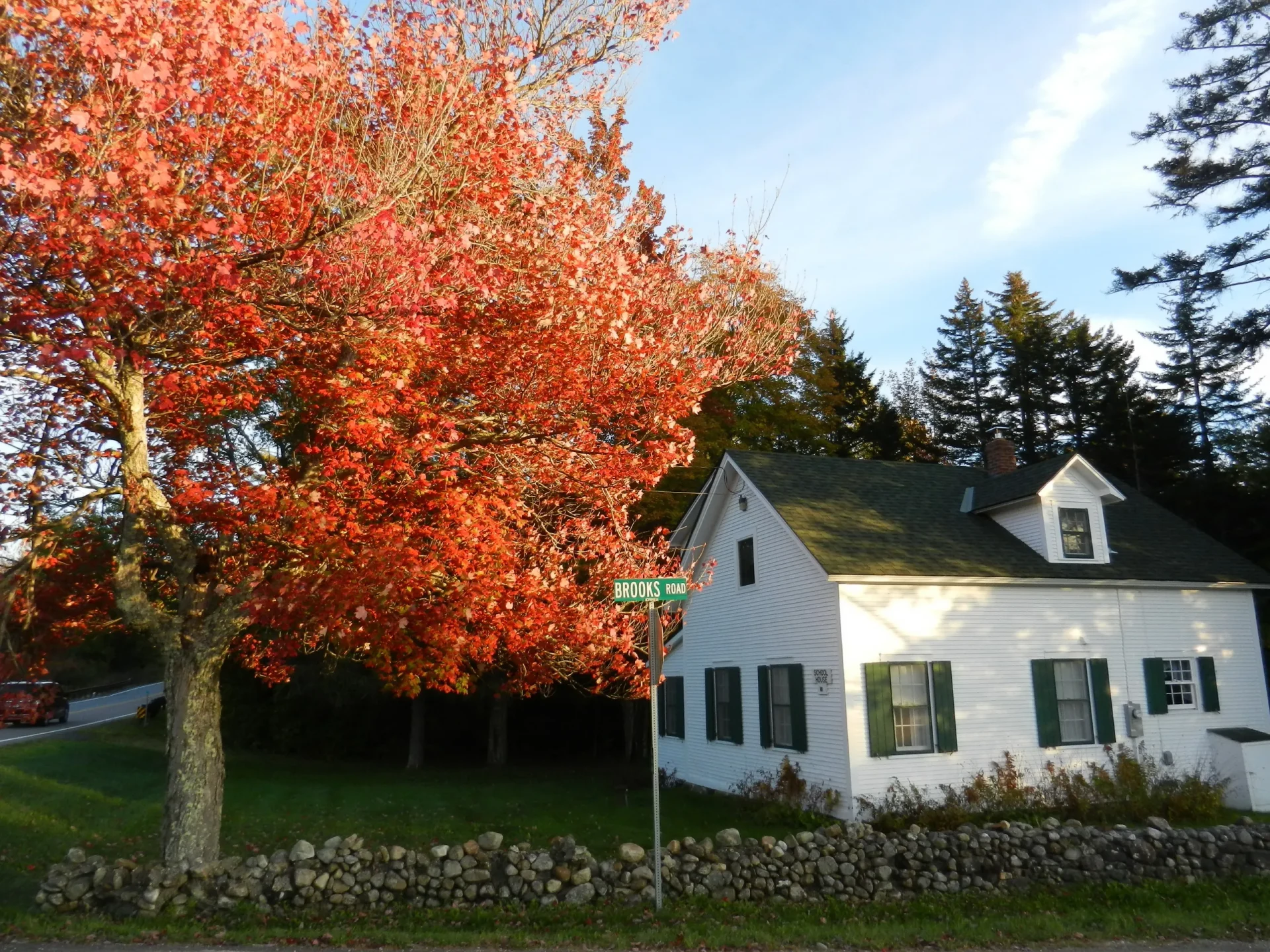 Un albero rosso brillante domina il primo piano di una casa in stile tradizionale.