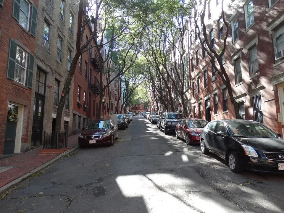 Una strada alberata fiancheggiata da edifici in mattoni si estende lungo la New England.
