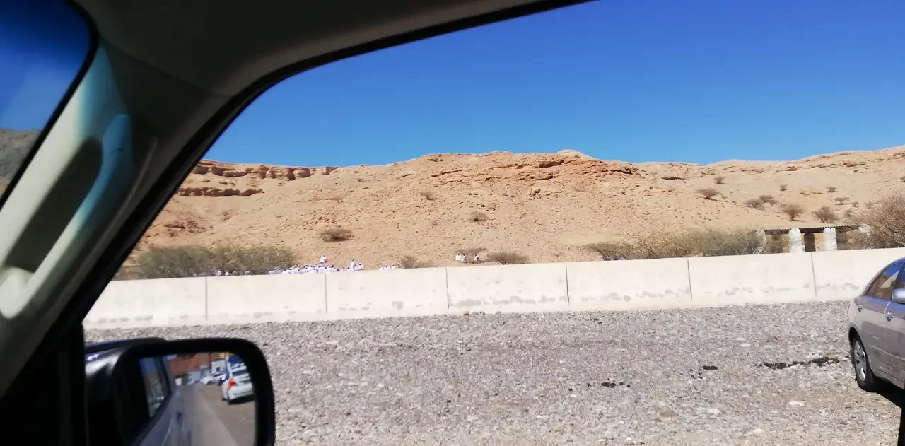 Vista esterna da auto di un paesaggio desertico arido.