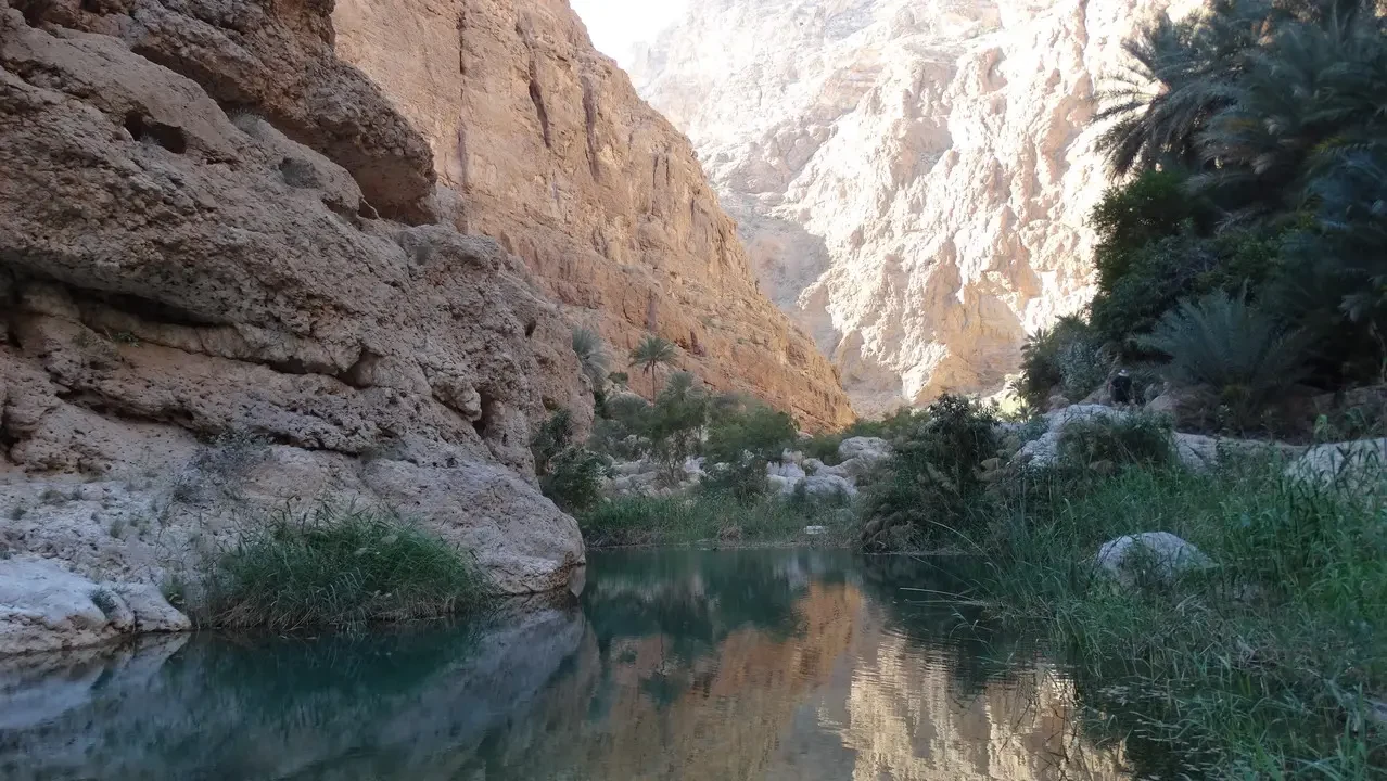 Un corso d'acqua serpeggia attraverso un profondo canyon roccioso.
