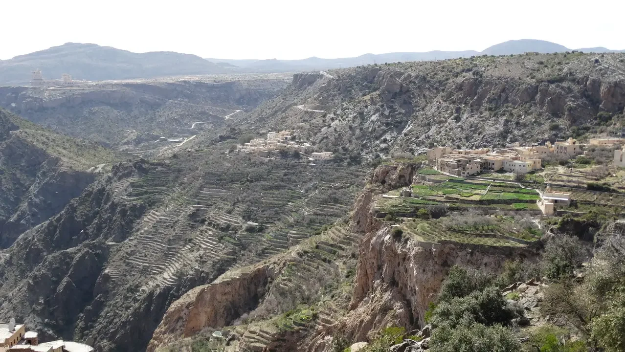 Terrazzamenti agricoli e case sparse su un pendio roccioso nel deserto.
