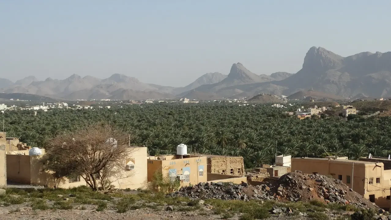 Paesaggio arido con montagne rocciose sotto un cielo chiaro in Oman o Emirati Arabi Uniti.