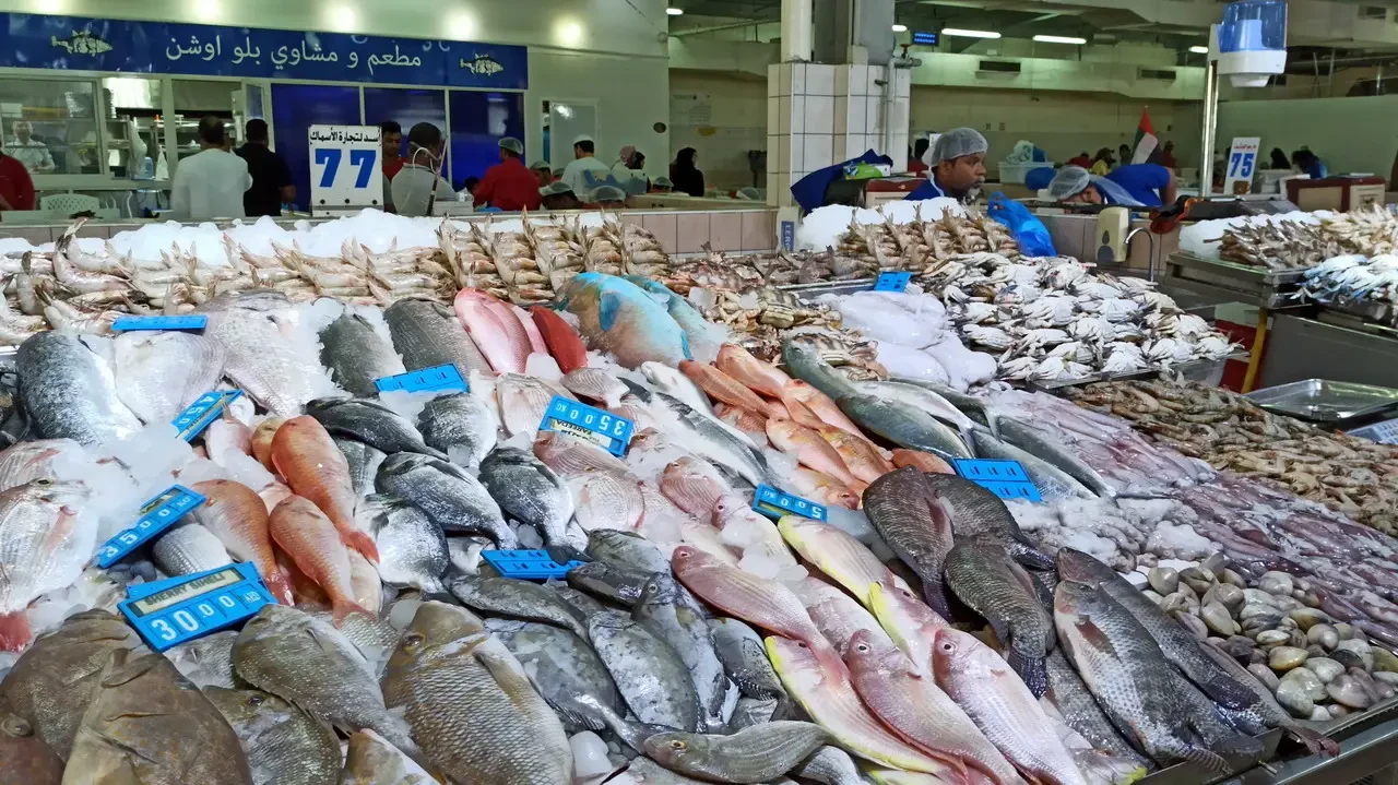 Pesce fresco esposto in un mercato ittico in Oman o Emirati Arabi Uniti.