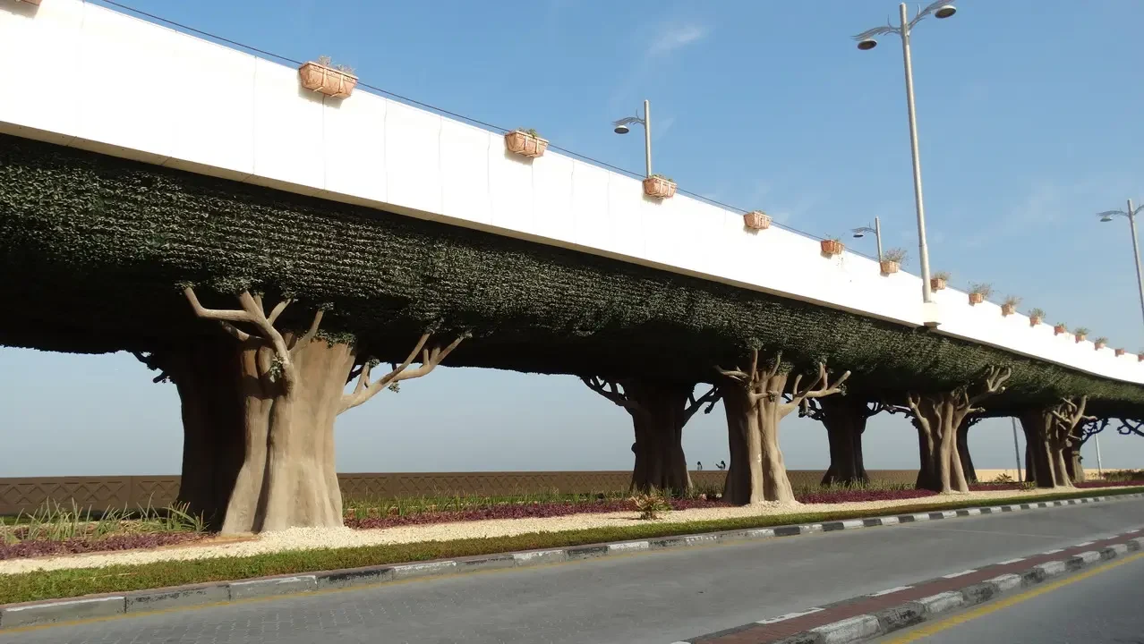 Una strada moderna ombreggiata da alberi attraversa il paesaggio.
