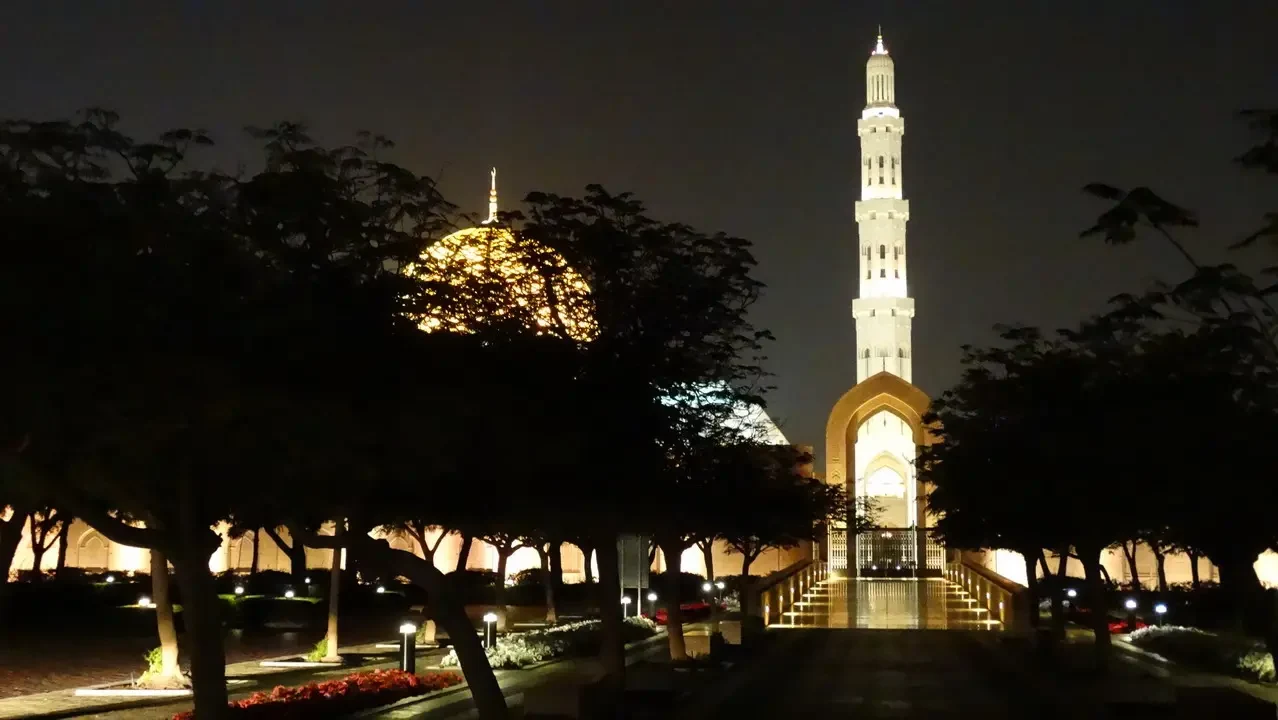 Veduta notturna della moschea di Sultan Qaboos a Muscat con alberi in primo piano.