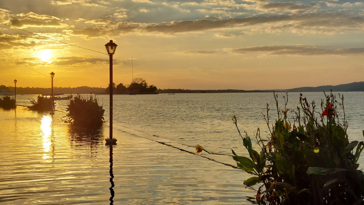 Tramonto sul lago con lampioni e vegetazione in America Centrale.