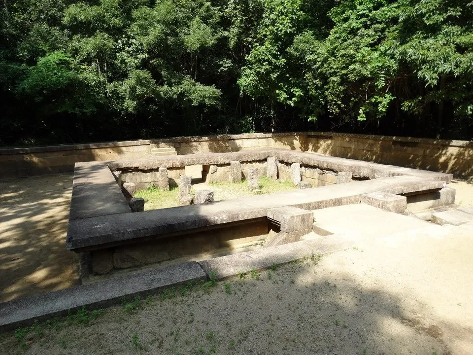 Rovine di antiche strutture in pietra parzialmente coperte dalla vegetazione lussureggiante.