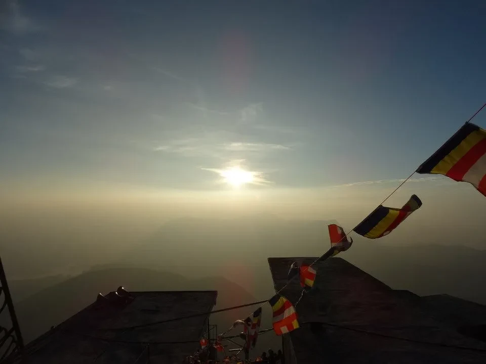 Un picco sorvola il paesaggio all'alba in Sri Lanka con bandiere sventolanti.