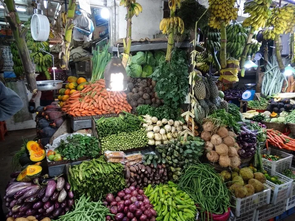 A market full of fresh fruit and vegetables in Sri Lanka.