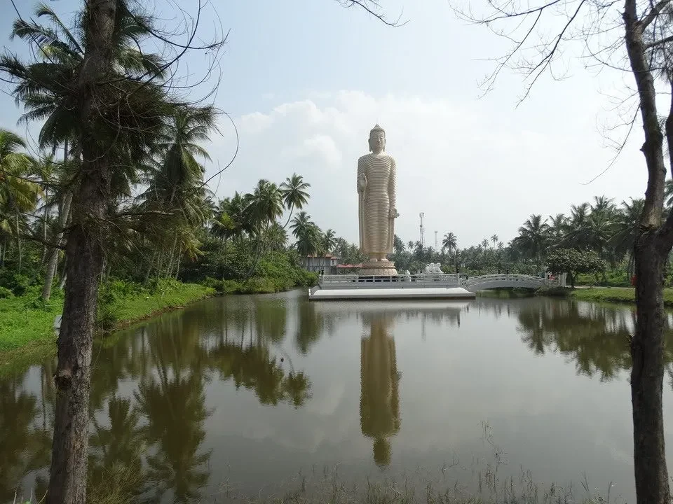 Una statua di Buddha in bronzo si erge sopra un corpo d'acqua tranquillo con vegetazione lussureggiante.