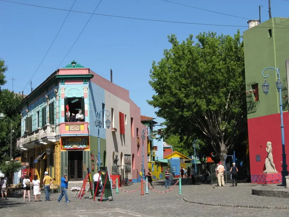 A colorful pedestrian street with historic buildings in Patagonia.