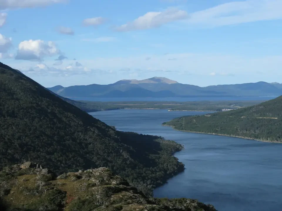 Paesaggio lacustre e montuoso della Patagonia con acque calme e colline boscose in primo piano.