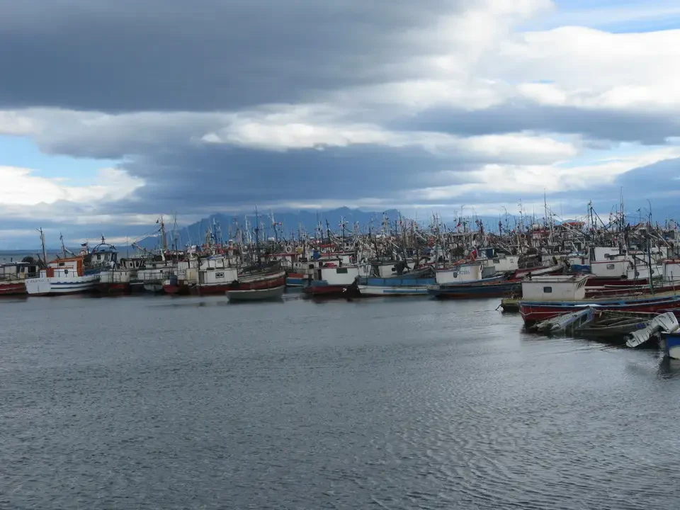 Un porto pieno di barche galleggia sotto un cielo nuvoloso in Patagonia.