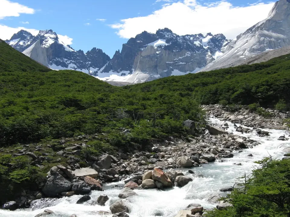 Un fiume scorre attraverso un paesaggio montano patagonico con montagne innevate e vegetazione lussureggiante.