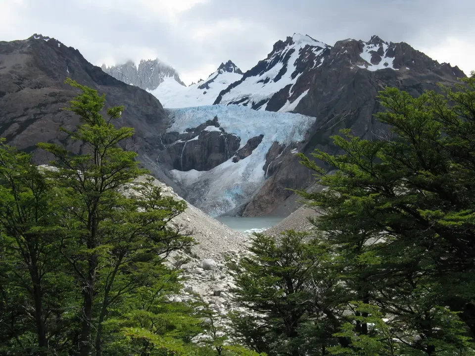 Paesaggio montano patagonico con ghiacciai e foreste verdi in primo piano.
