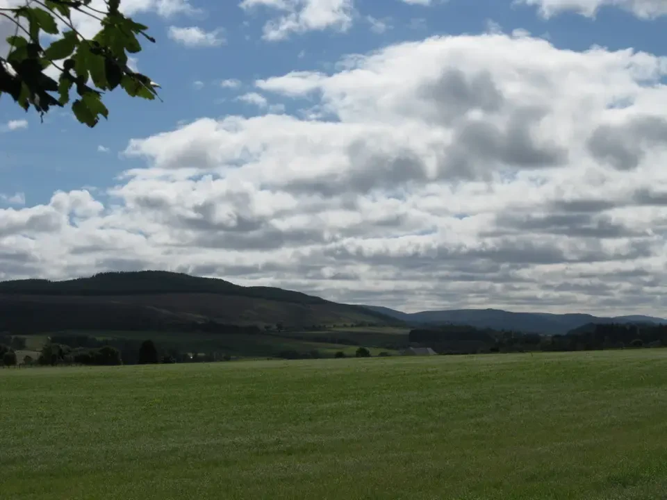 Paesaggio rurale verde con colline ondulate sotto un cielo nuvoloso in Scozia.