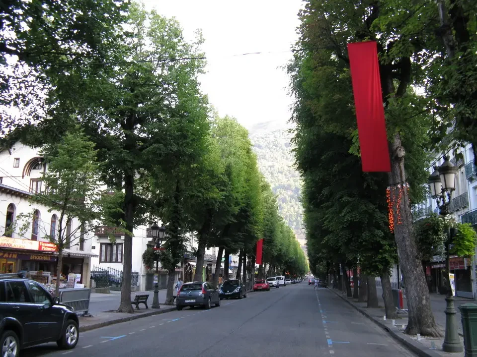 Una strada alberata con edifici lungo il percorso nei Pirenei.