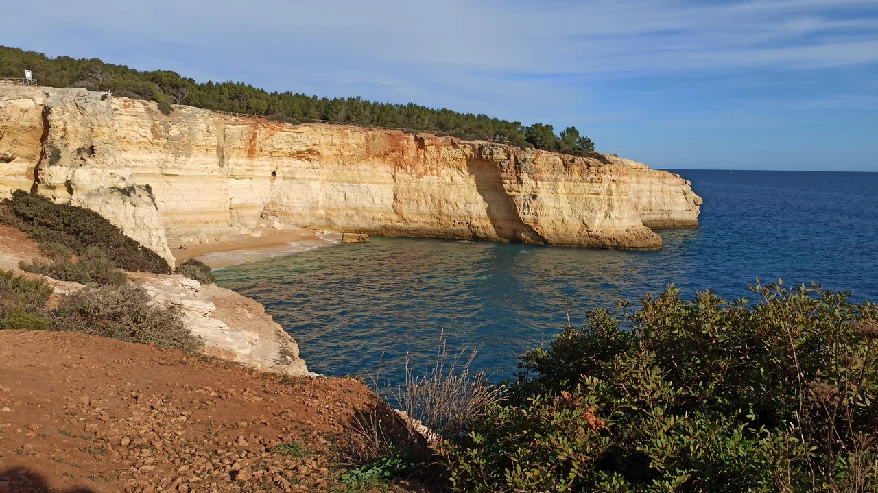Una scogliera costiera sorge sopra il mare blu sotto un cielo limpido.