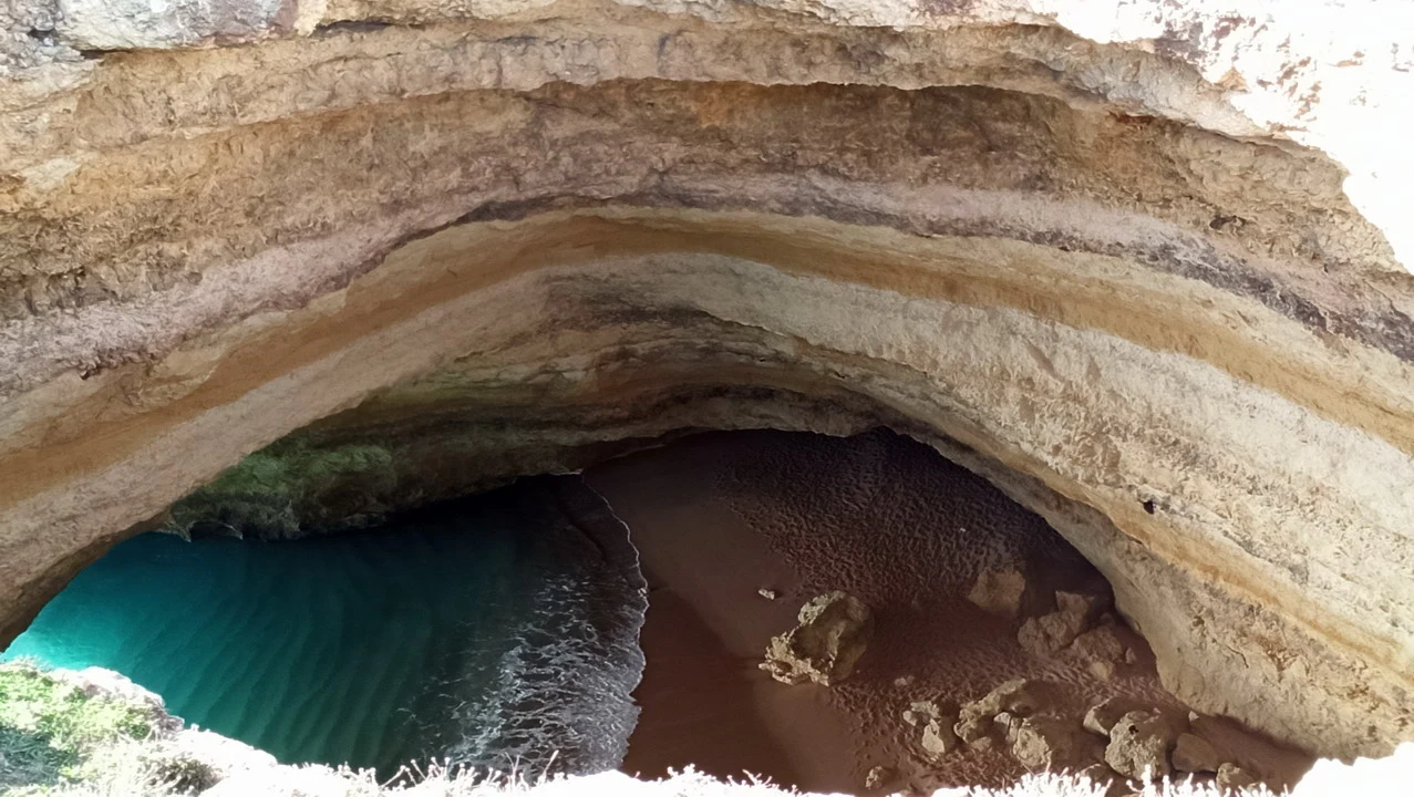 Una grotta costiera con acqua turchese visibile all'interno.