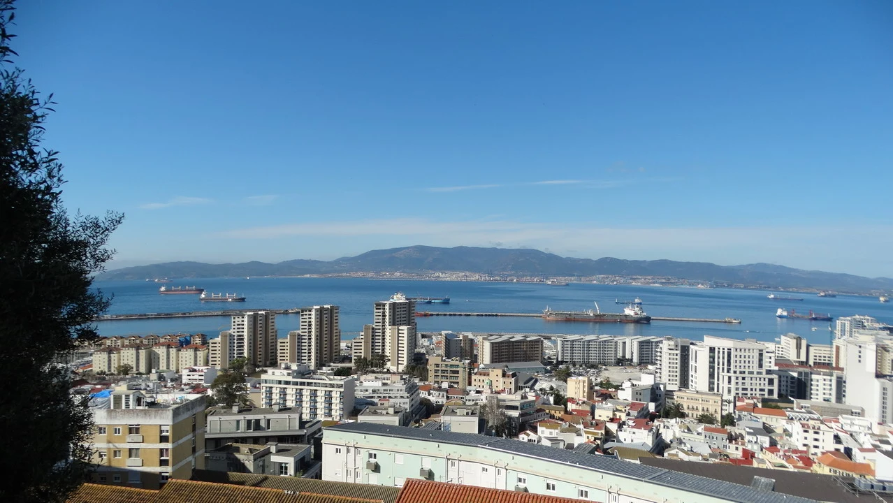 Panorama urbano costiero con vista sui porti e il mare.