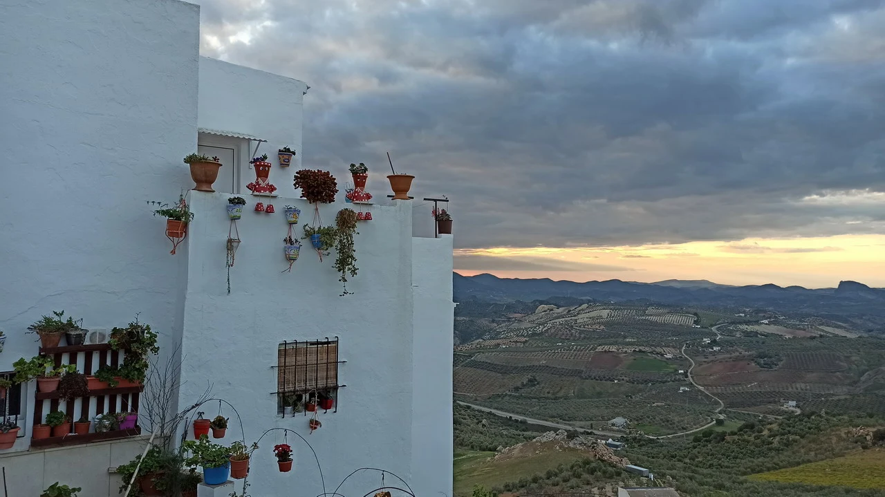 Vista panoramica di colline coltivate all'orizzonte in Andalusia o Algarve al tramonto.