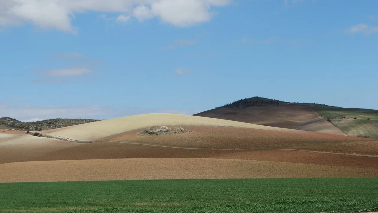 Paesaggio rurale in Andalusia o Algarve con colline coltivate sotto un cielo azzurro.