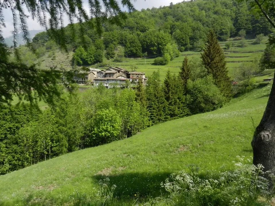 Un paesaggio verde e collinare con edifici rurali in lontananza.