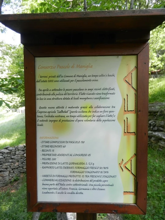 Una fotografia mostra un cartello in legno con informazioni su prodotti locali e la storia del pascolo di Maniglia.
