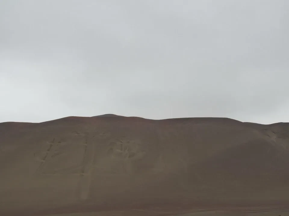 Paesaggio arido con tracce incise su una collina sotto un cielo coperto.
