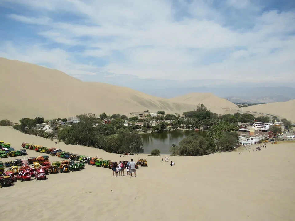 Paesaggio desertico con dune di sabbia e vegetazione lungo un lago.