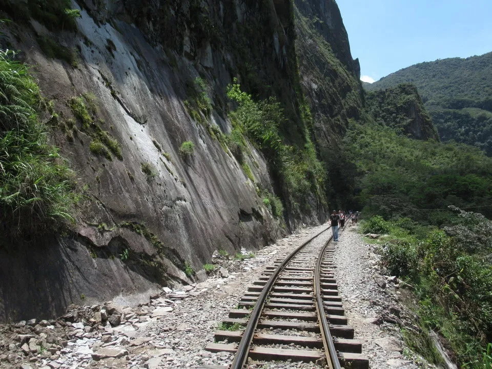 Una ferrovia serpeggia lungo un paesaggio montano in Perù e Bolivia.