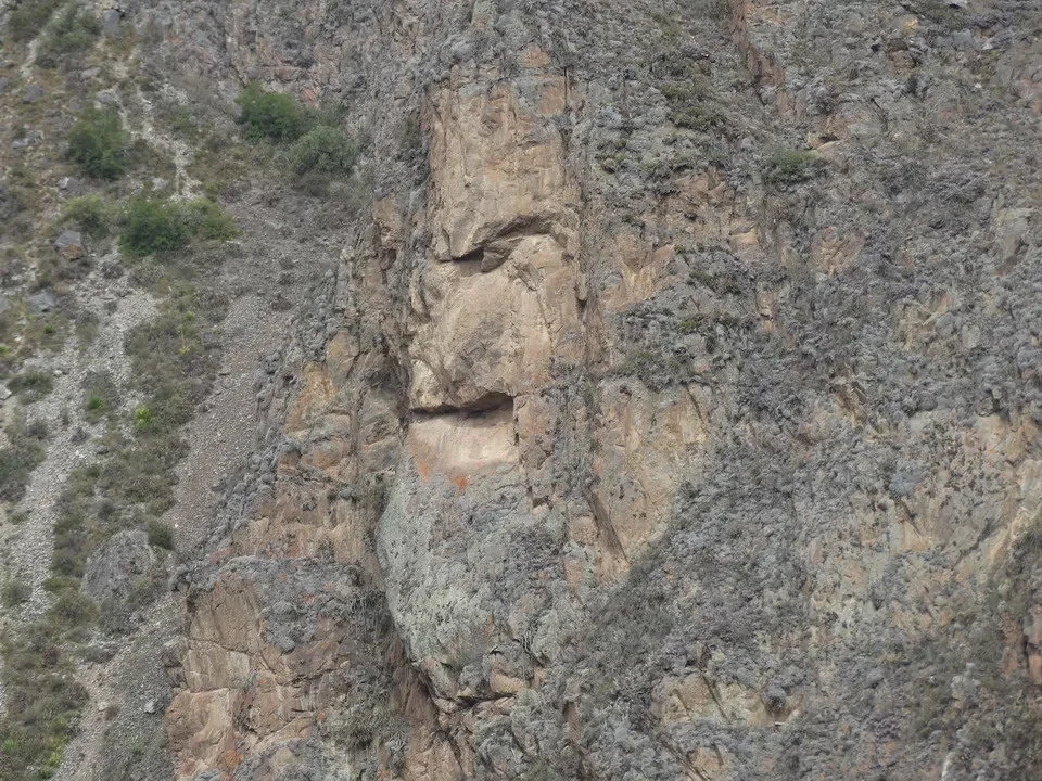 Parete rocciosa con vegetazione sparsa in un paesaggio andino.