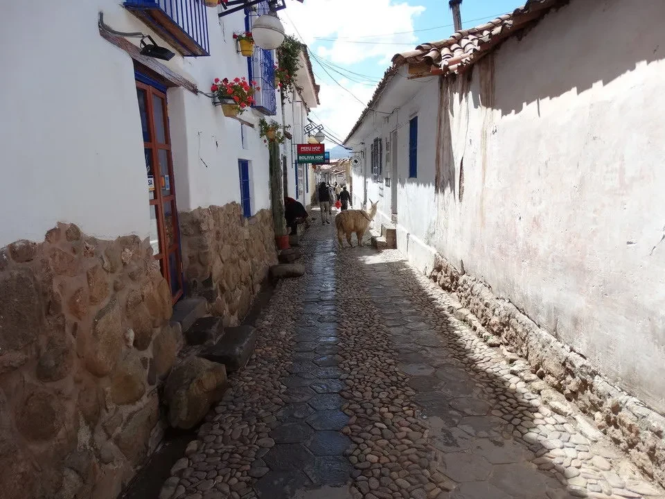 Una strada stretta e pavimentata costeggia edifici colorati in un contesto andino.