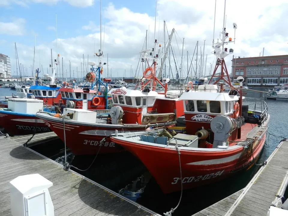 Barche rosse ormeggiate al molo in un porto portoghese.