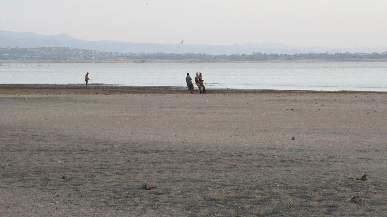 Due individui si trovano su una vasta pianura vicino all'acqua in Tanzania.