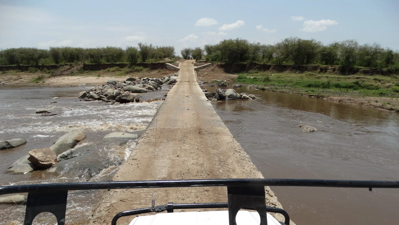 Un sentiero di terra attraversa un fiume in una savana africana durante una safari.