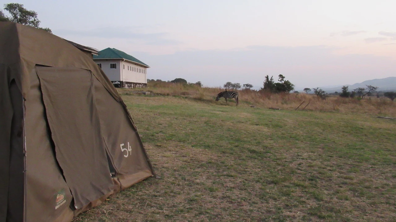 Una tenda da campo si trova su un prato aperto con una savana in Tanzania.