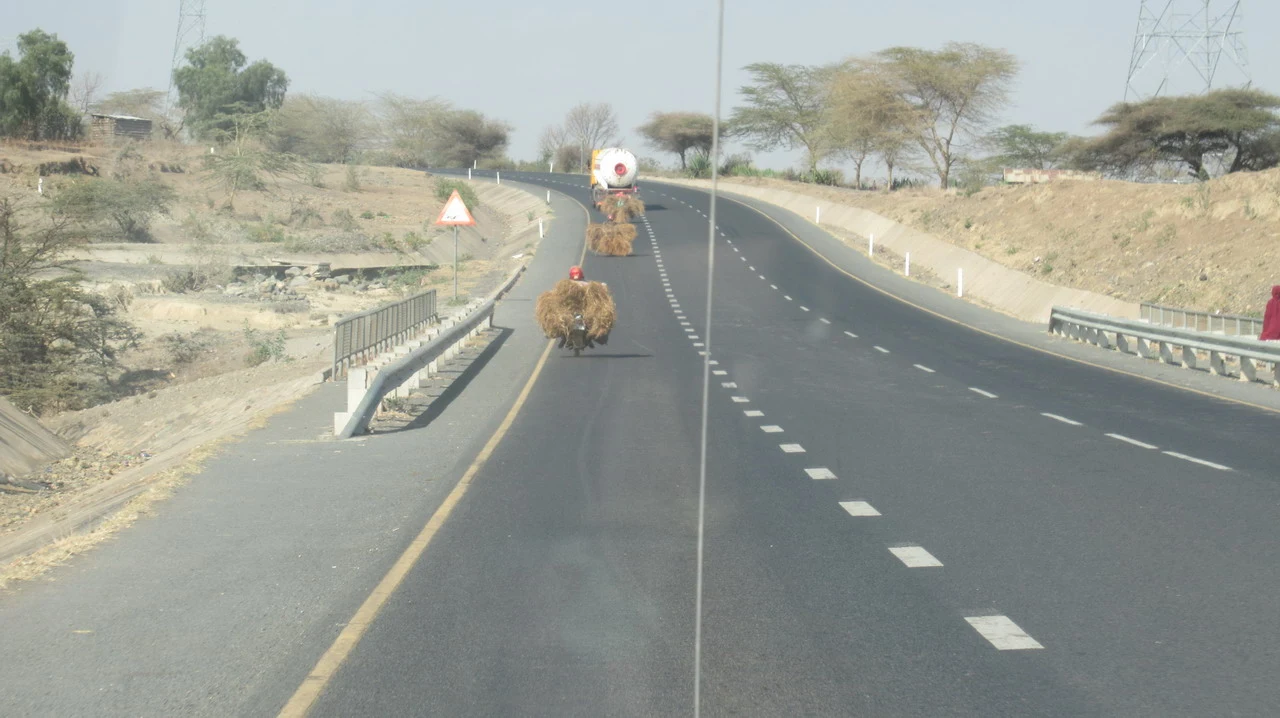 Una strada asfaltata attraversa un paesaggio arido in Tanzania.