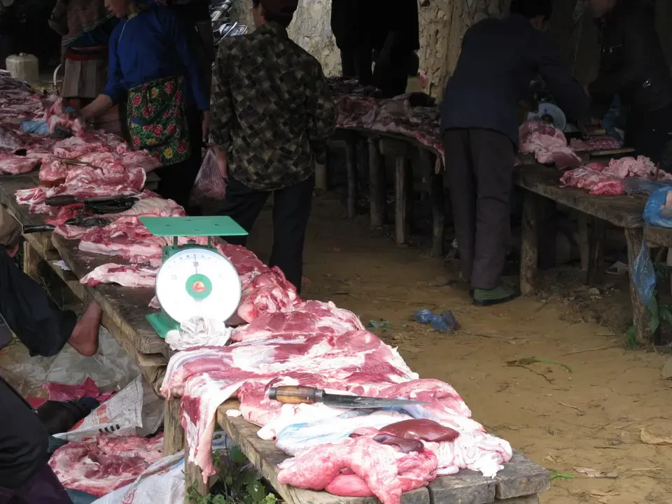 Mercato di carne all'aperto in Vietnam o Cambogia con venditori e carne esposta.