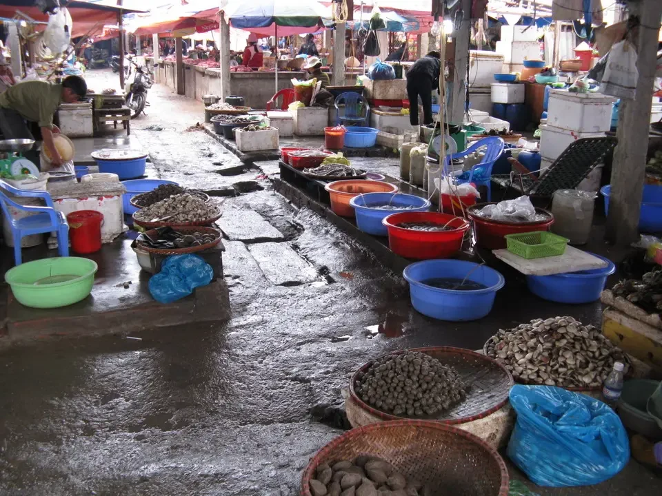 Mercato all'aperto con bancarelle di prodotti in Vietnam o Cambogia.