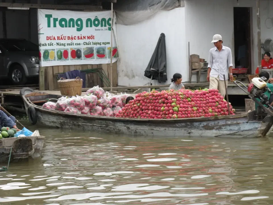 Un mercato galleggiante con frutta è visibile sull'acqua in Vietnam o Cambogia.
