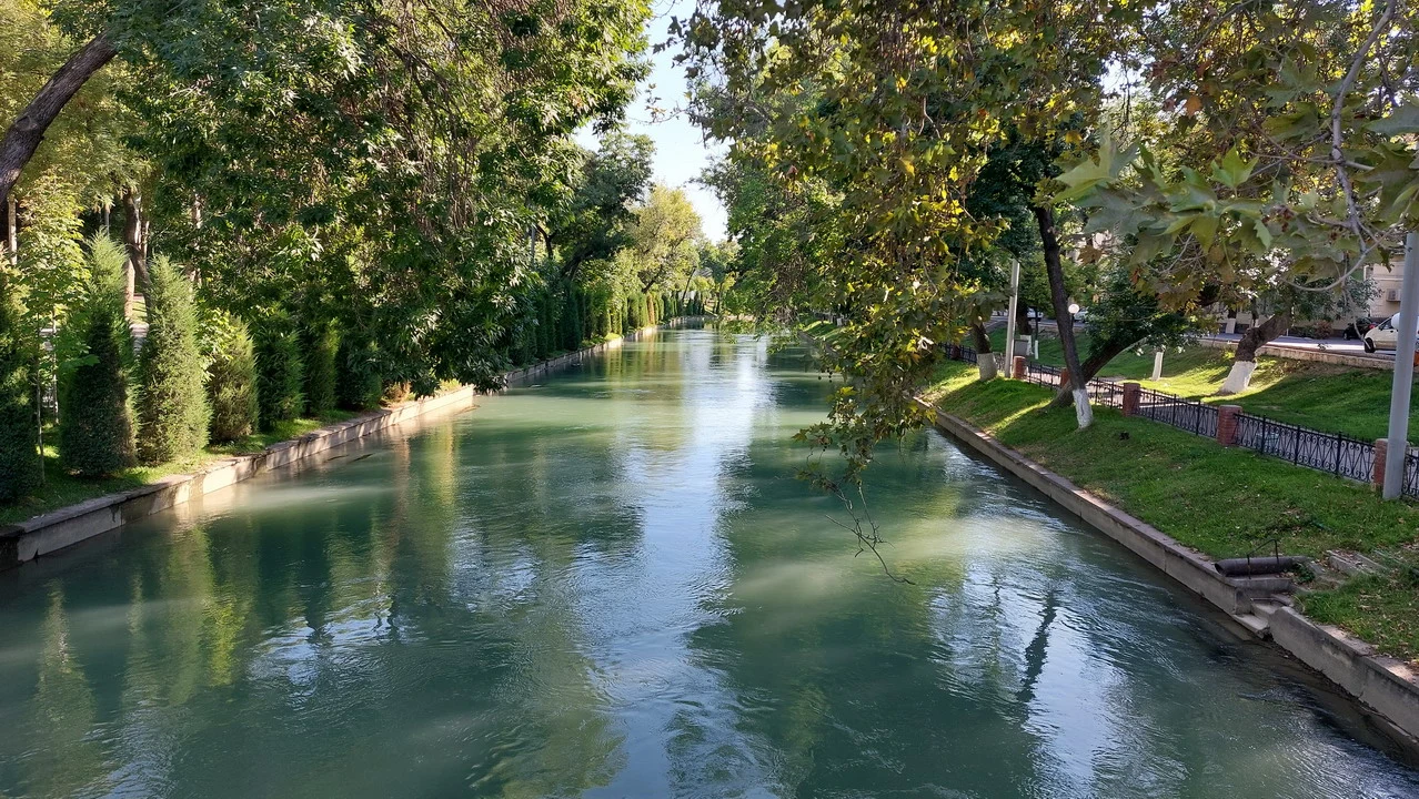 Un fiume tranquillo scorre attraverso una passeggiata alberata in Asia Centrale.