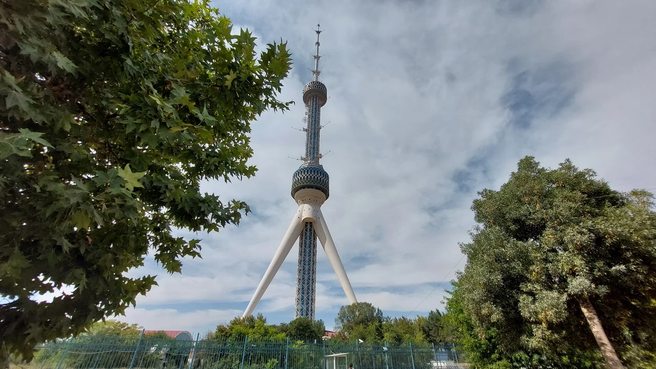 La torre della televisione di Tashkent è visibile attraverso gli alberi.